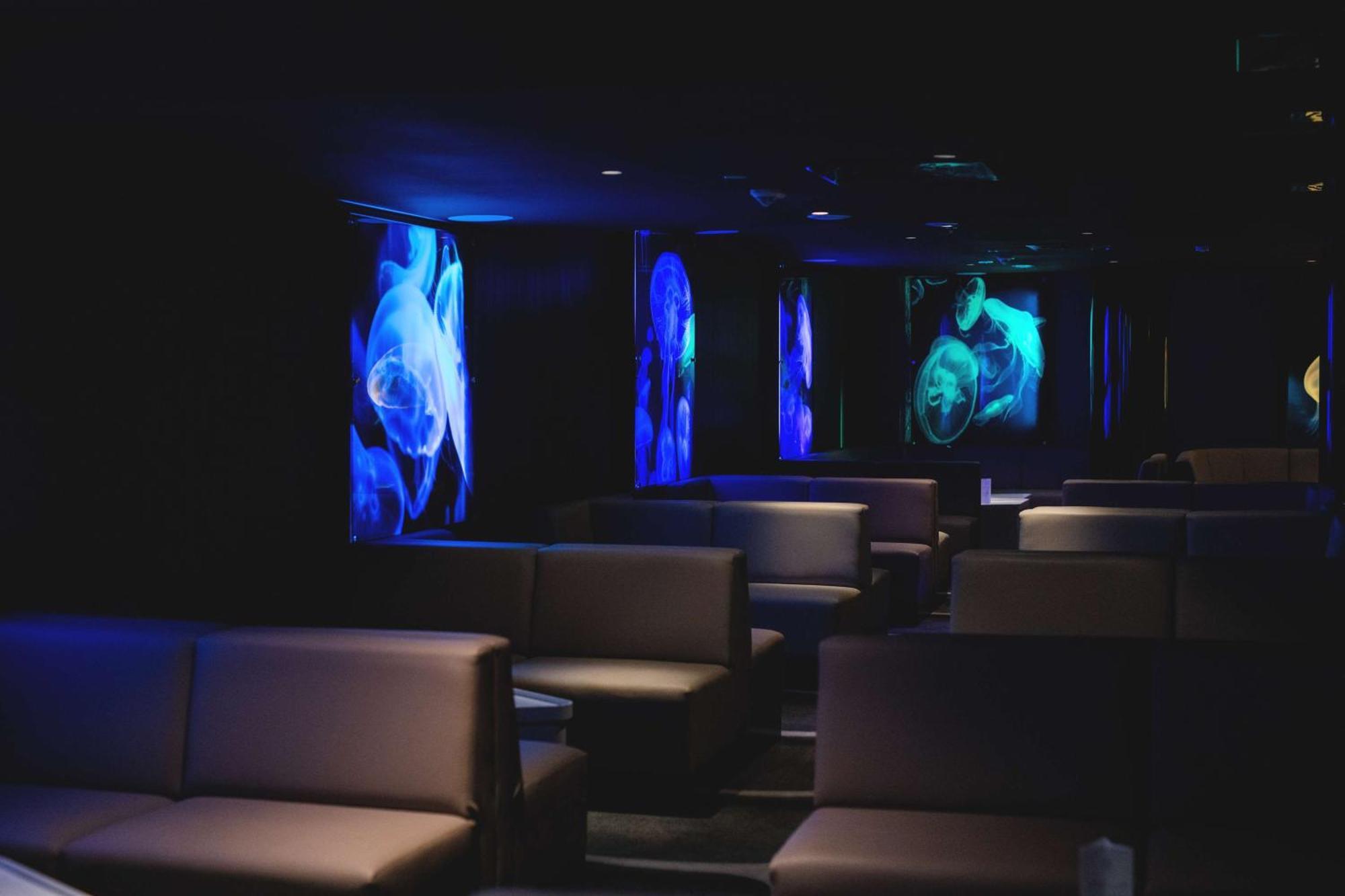 Radisson Blu Resort Świnoujście מראה חיצוני תמונה The photo shows a dimly lit interior space, likely a lounge or a seating area. The walls are adorned with glowing blue and turquoise images, possibly of jellyfish or abstract aquatic forms, creating an ambient atmosphere. There are several upholstere
